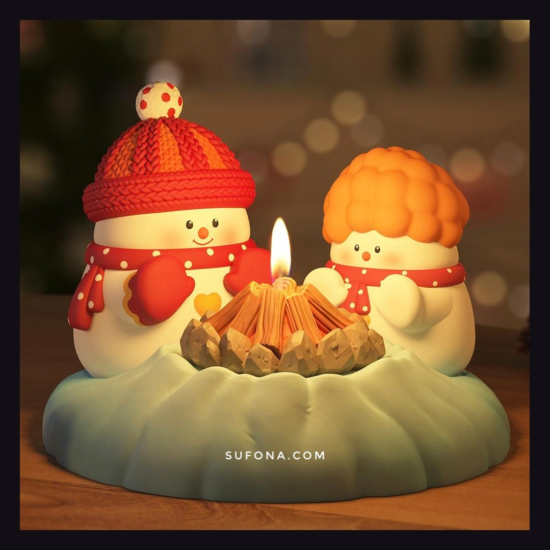 Snowman Campfire Figurine – Adorable Winter Tabletop Decoration