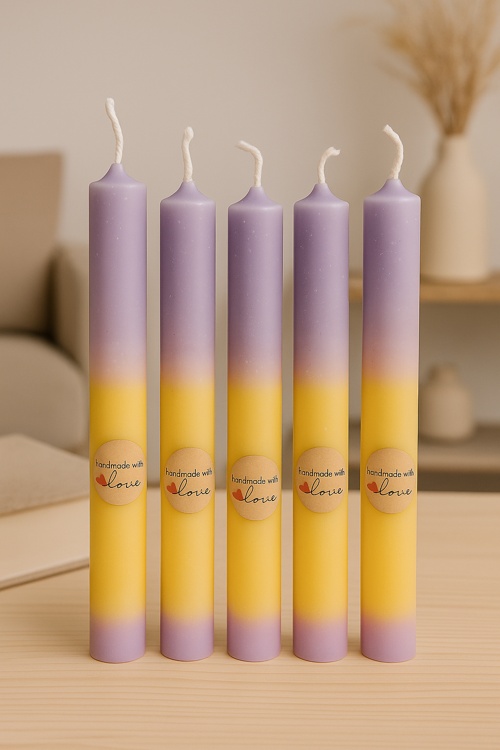 Handmade Taper Candles – Purple & Yellow Gradient Decorative Set of 5 | Sufona Candles