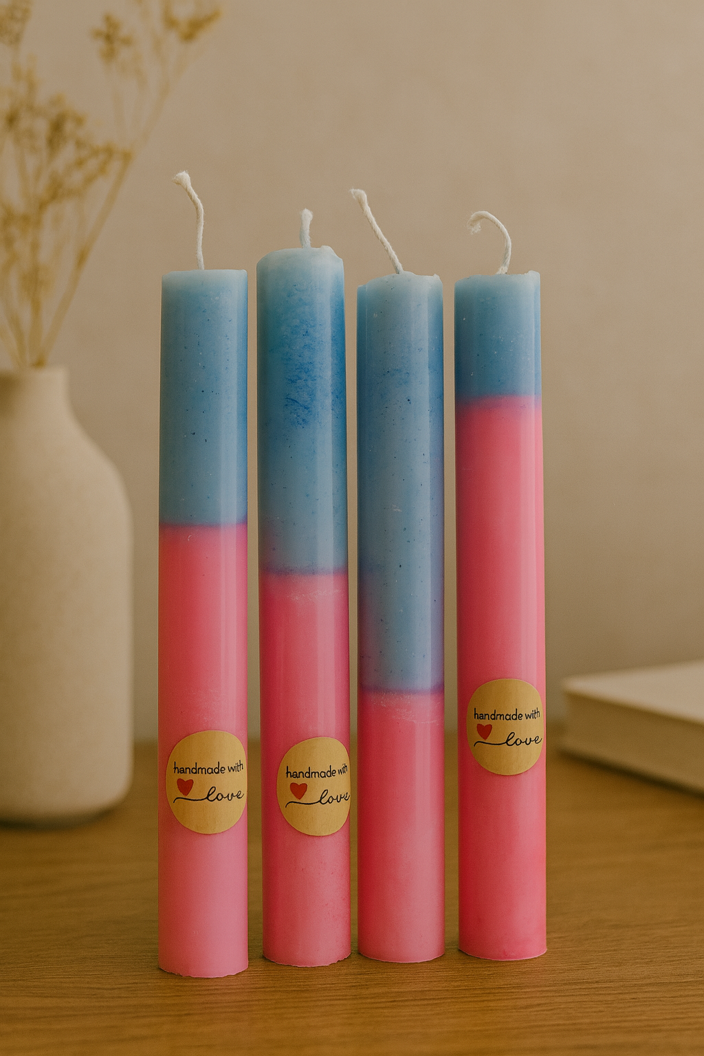 Handmade Taper Candles – Blue & Pink Gradient Decorative Set of 5 | Sufona Candles