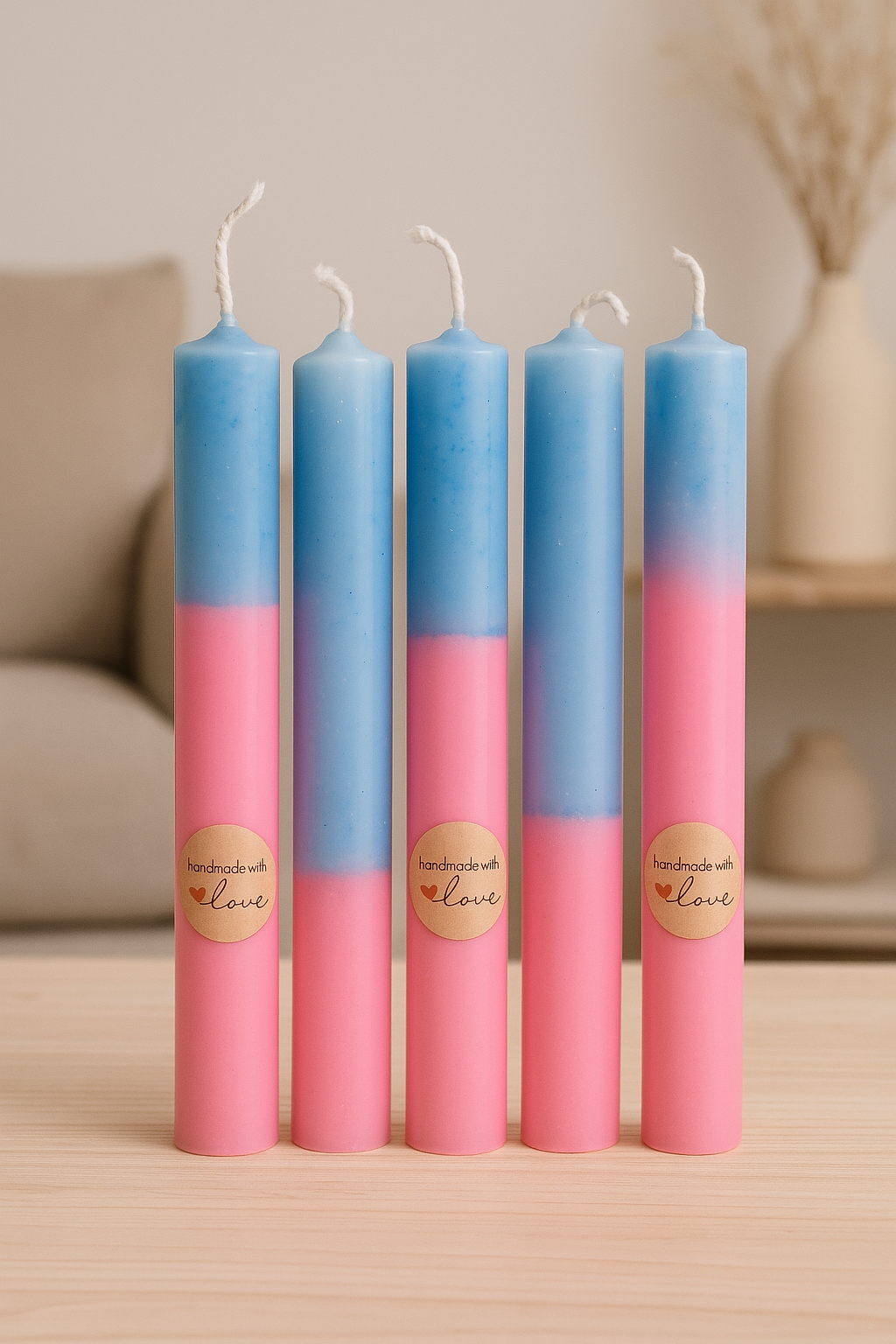 Handmade Taper Candles – Blue & Pink Gradient Decorative Set of 5 | Sufona Candles